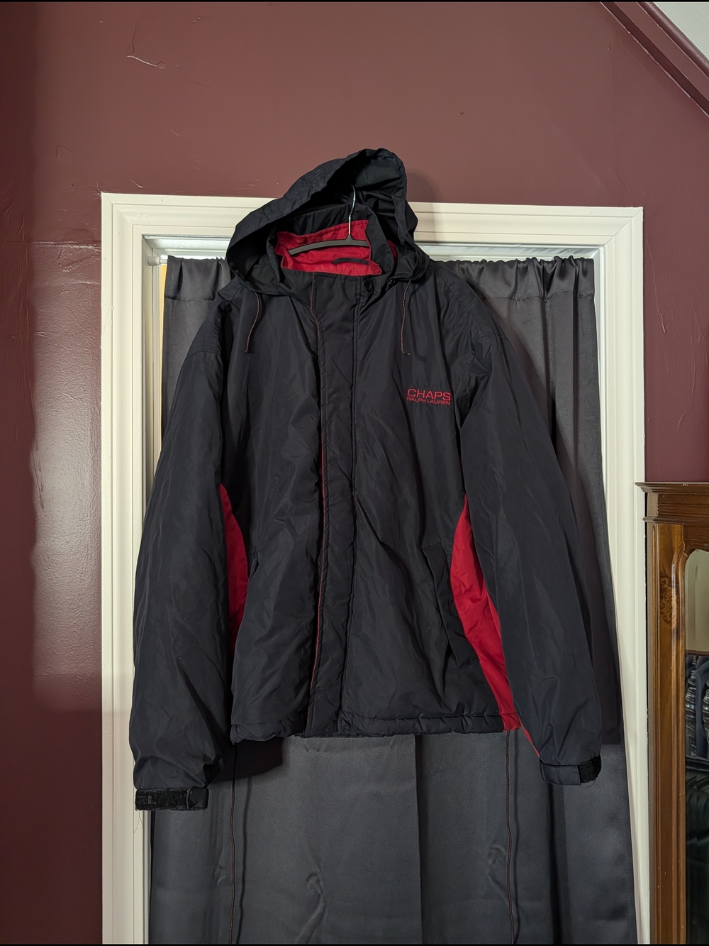 RALPH LAUREN Vintage Chaps Black and Red Embroidered Logo Puffer Coat Jacket XXL